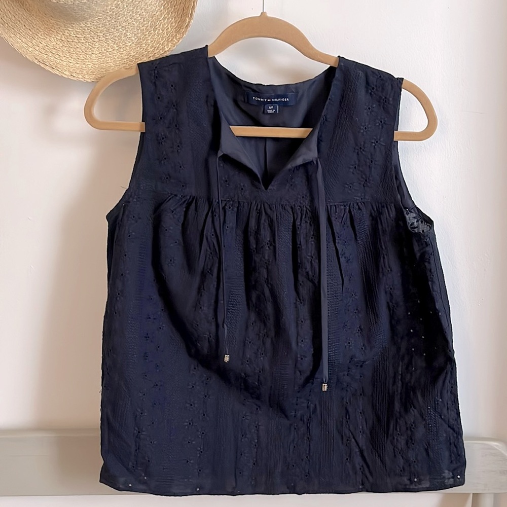 Tommy Hilfiger navy eyelet sleeveless top with tie.